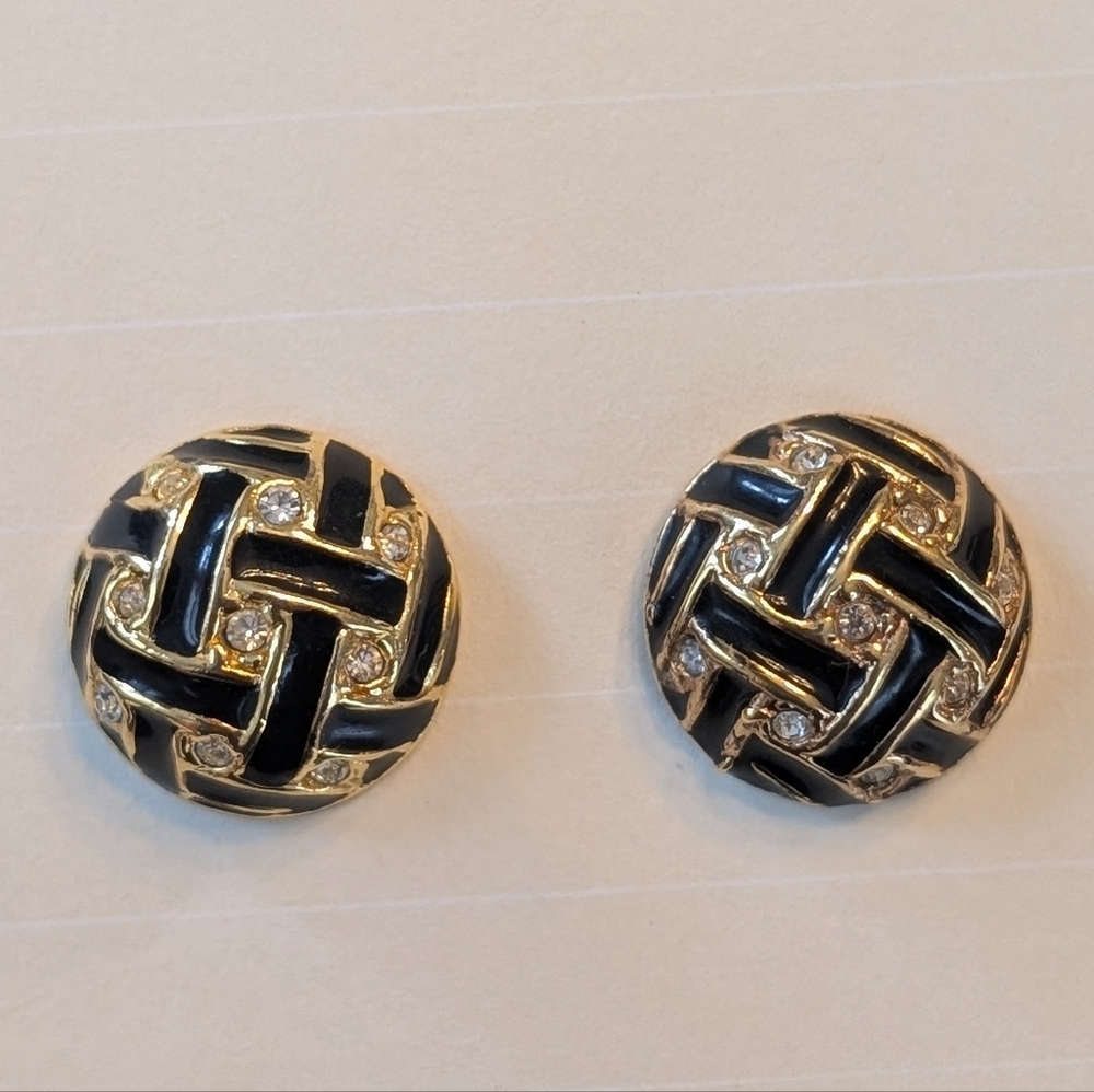 Vintage Roman Signed Black Enamel & Rhinestone Dome Stud Earrings